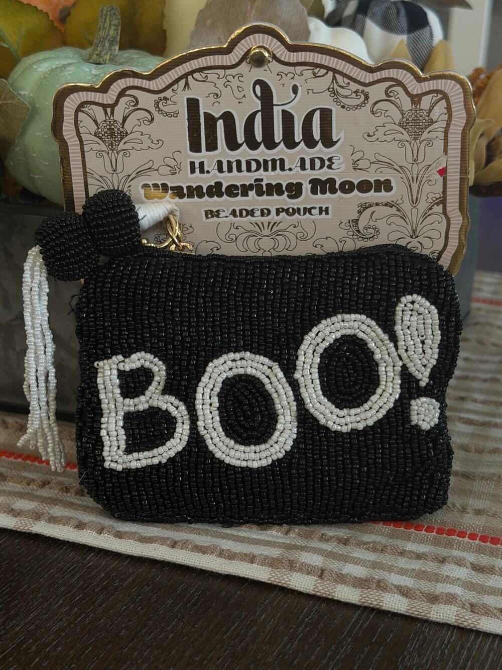 NWT Wandering Moon Halloween Beaded Pouch Black White BOO Ghost Coin Purse